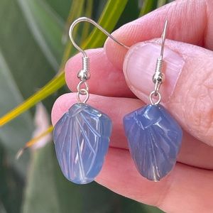 Hand carved blue chalcedony silver plated drop hoop earrings